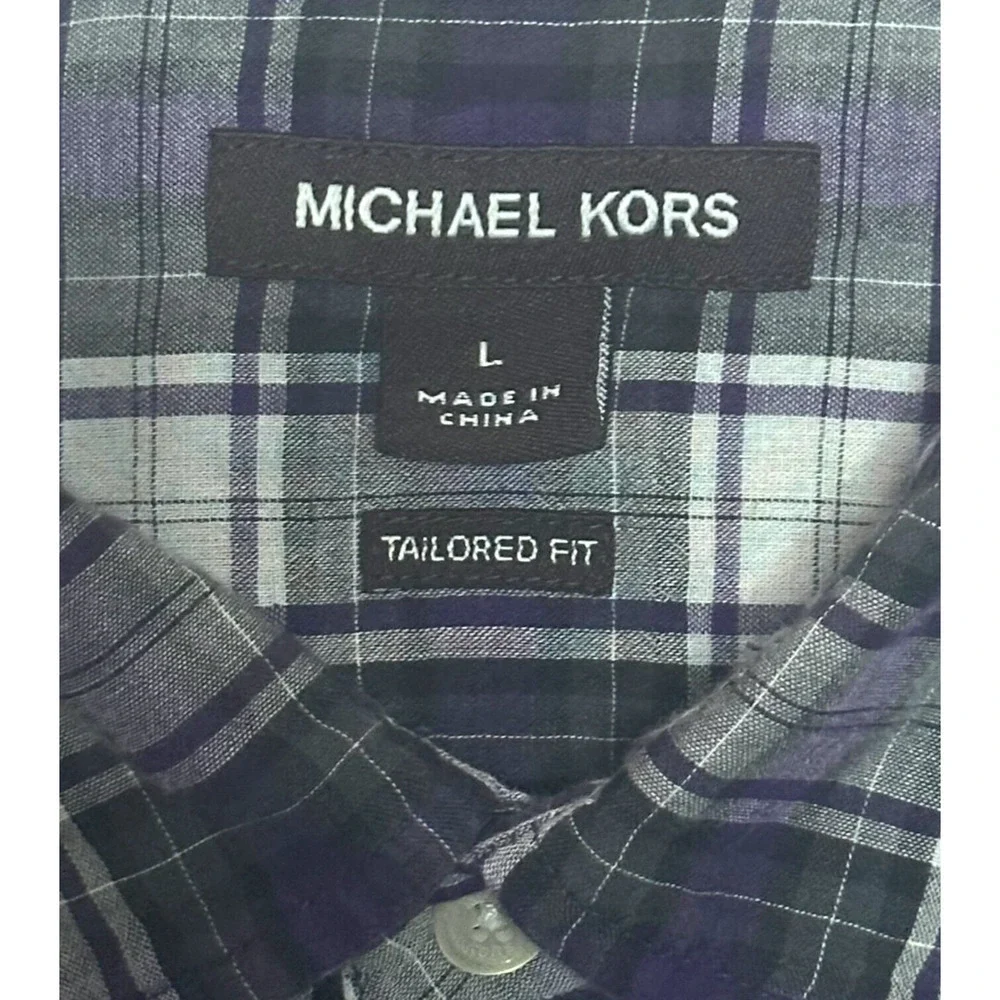 MICHAEL KORS Tailored Fit Plaid Button Up Shirt Roll Tab Sleeve Purple Black L
